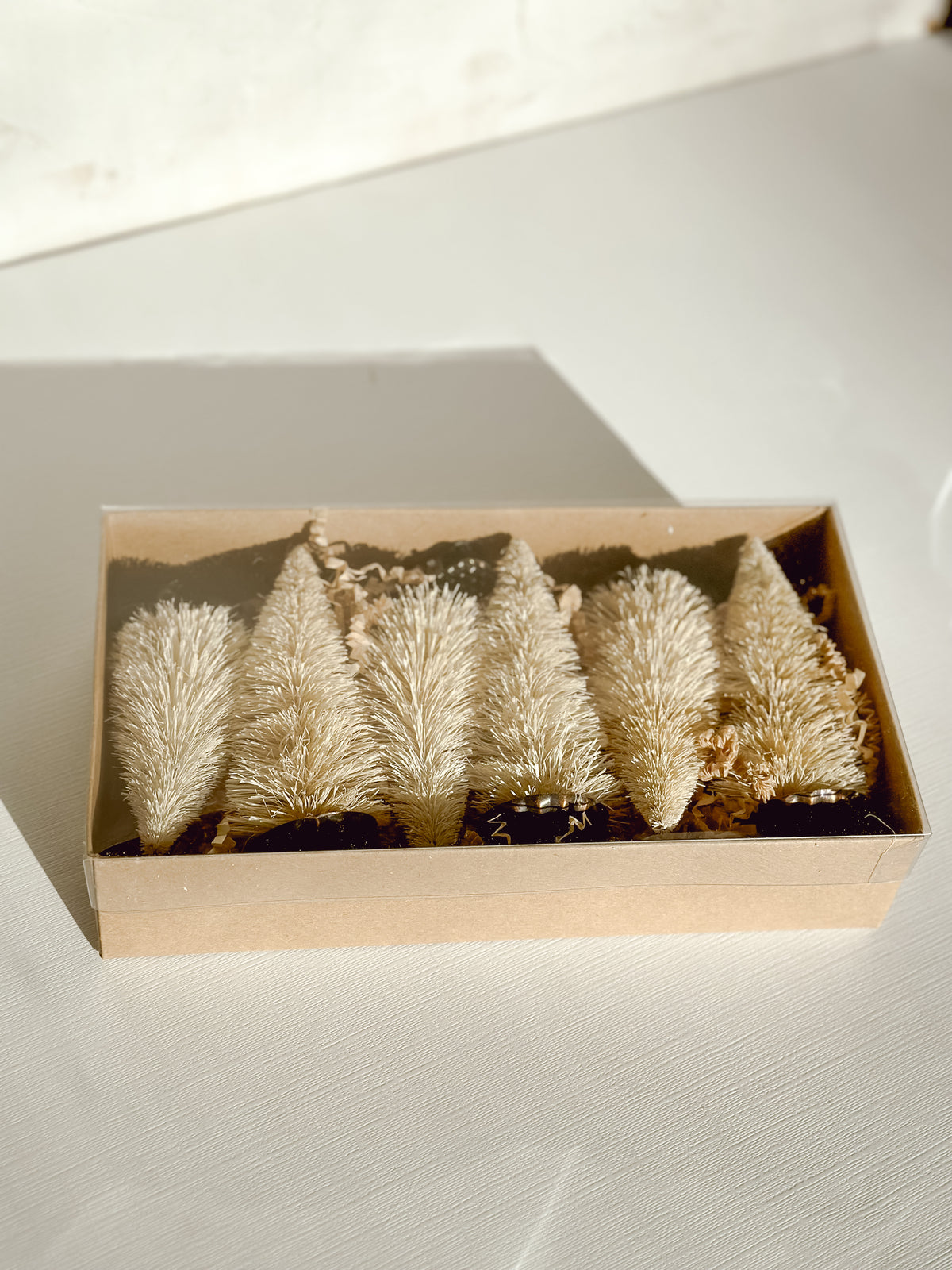 Sisal Cream Bottle Brush Tree Clip-on Ornaments: Boxed Set of 6
