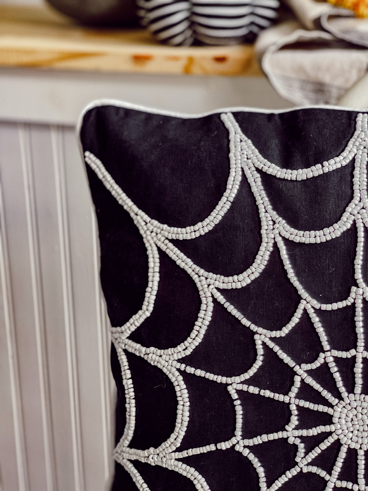 17.5 Inch Black Cotton Pillow with White Beaded Spider Web