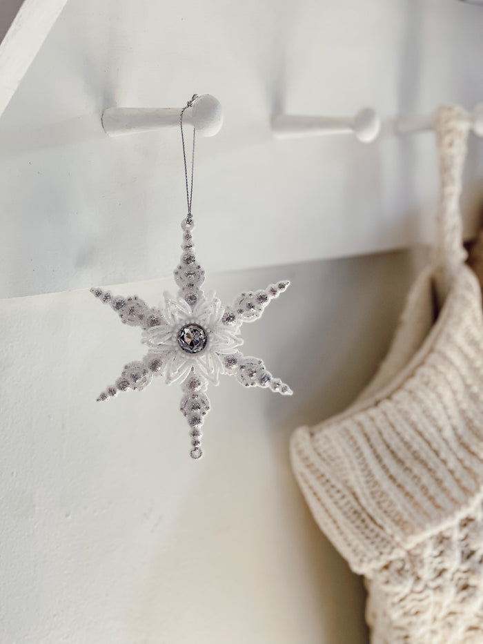 Silver and White Snowflake Ornaments