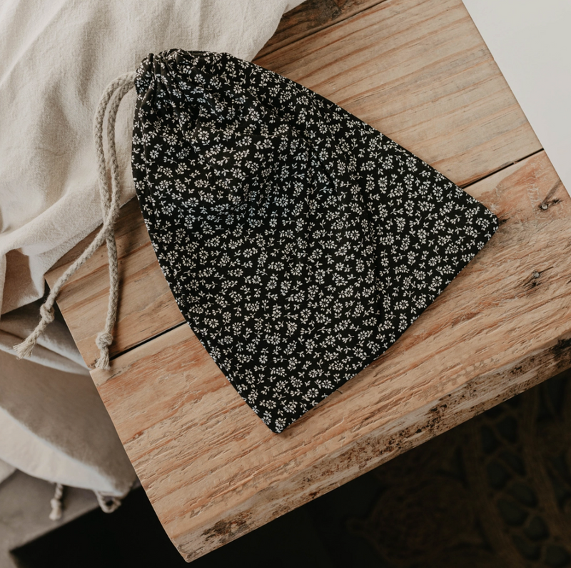 “Black Flowers” Drawstring Bag made in France